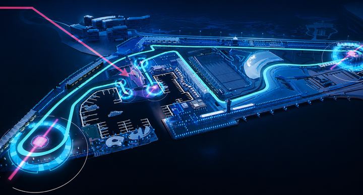 Neon map of Yas Marina Circuit with the W hotel pinned