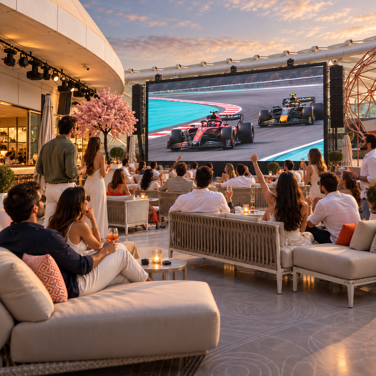 Illustration of guests watching motor racing on a giant screen beneath the Wet Deck gridshell